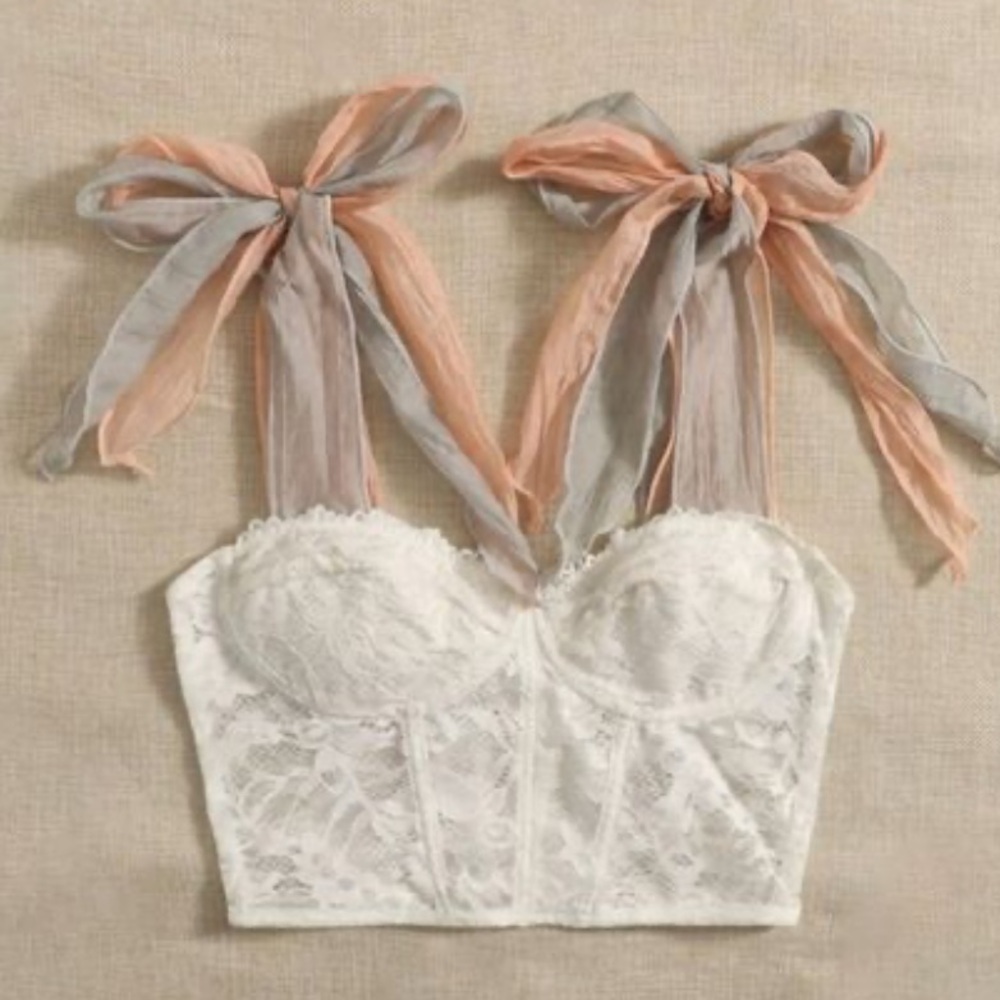 SHEIN white lace multi colored tie shoulder cropped corset cami top Size L